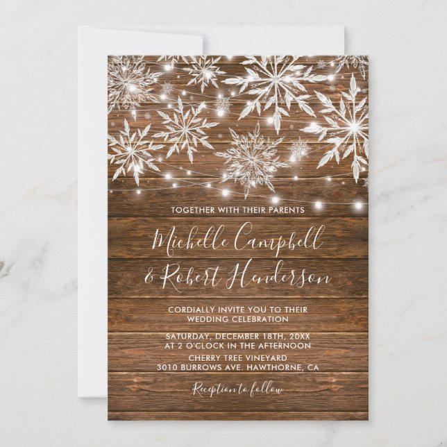 Rustic Snowflakes Barn Wood Winter Wedding Invitation (Front)
