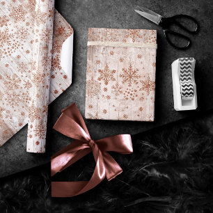 Rustic Snowflakes   Copper Rose Gold Wood Pattern Wrapping Paper