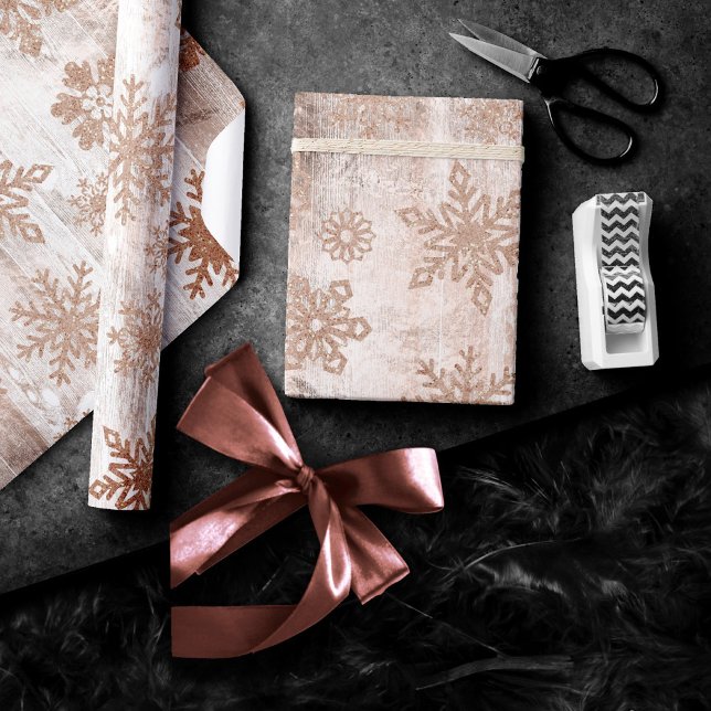 Rustic Snowflakes | Copper Rose Gold Wood Planks Wrapping Paper (Creator Uploaded)