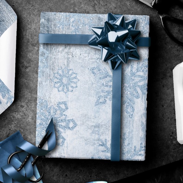 Rustic Snowflakes | Dusty Blue Grunge Wood Planks Wrapping Paper (Creator Uploaded)