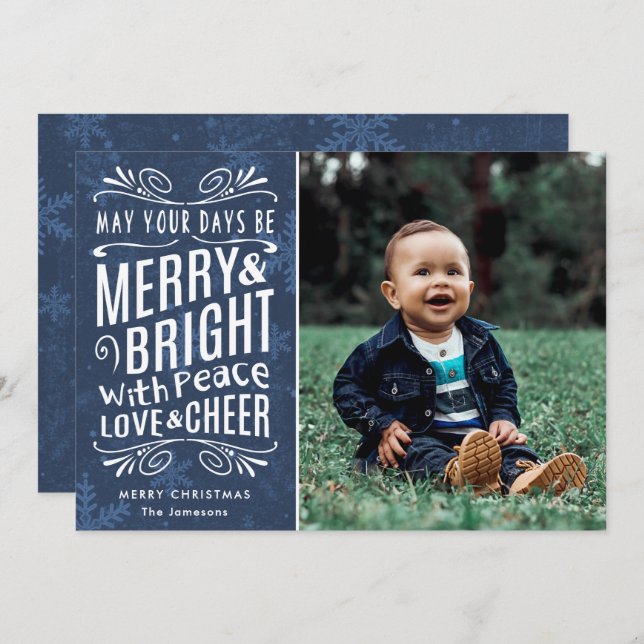 Rustic Snowflakes Merry and Bright Blue | Photo Holiday Card (Front/Back)