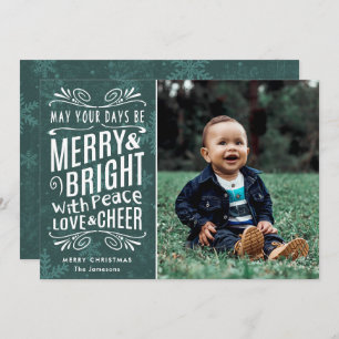 Rustic Snowflakes Merry and Bright Green   Photo Holiday Card