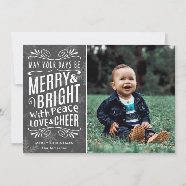 Rustic Snowflakes Merry and Bright Grey | Photo Holiday Card (Front)