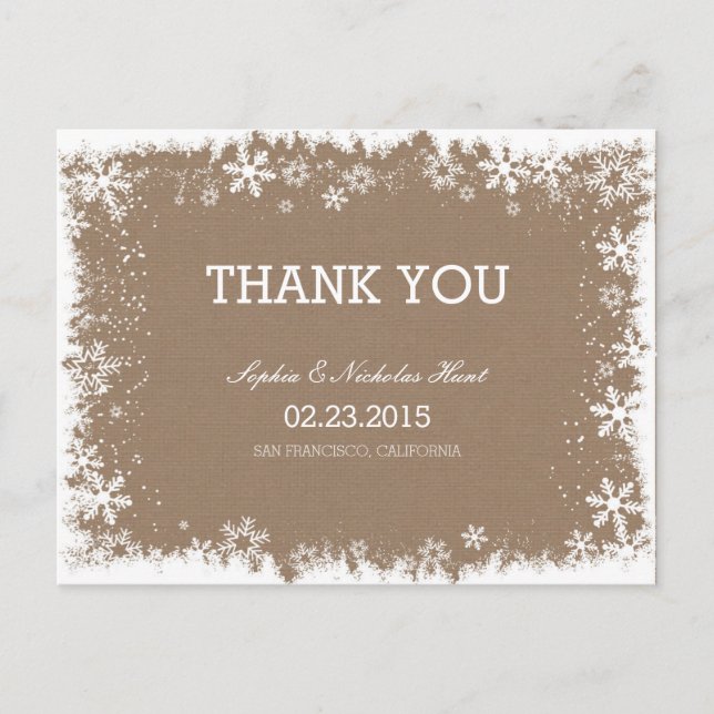 Rustic Snowflakes Wedding Thank You Postcards (Front)