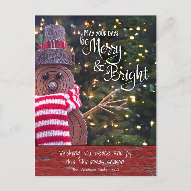 Rustic Snowman Days Be Merry Bright Script Cute Holiday Postcard (Front)