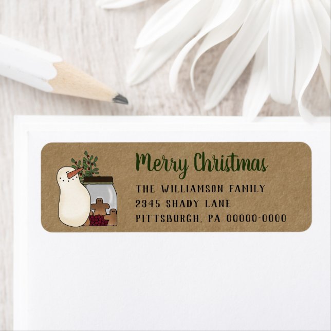 Rustic Snowman & Gingerbread  Kraft Return Address Label (Insitu)