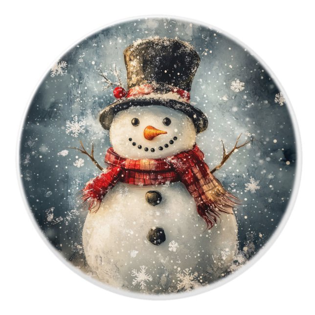 Rustic Snowman Illustration Christmas Ceramic Knob (Front)