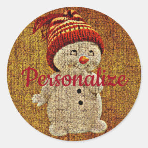 Rustic Snowman on burlap cute winter brown red Classic Round Sticker