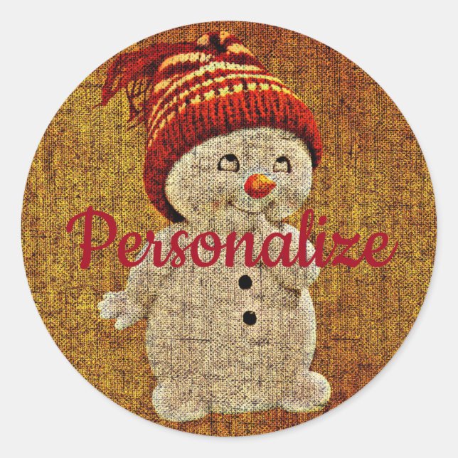 Rustic Snowman on burlap cute winter brown red Classic Round Sticker (Front)