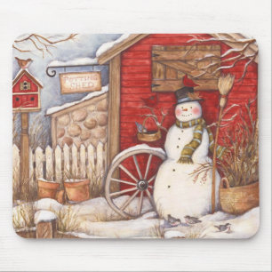 Rustic Snowman Winter Scene Mouse Pad