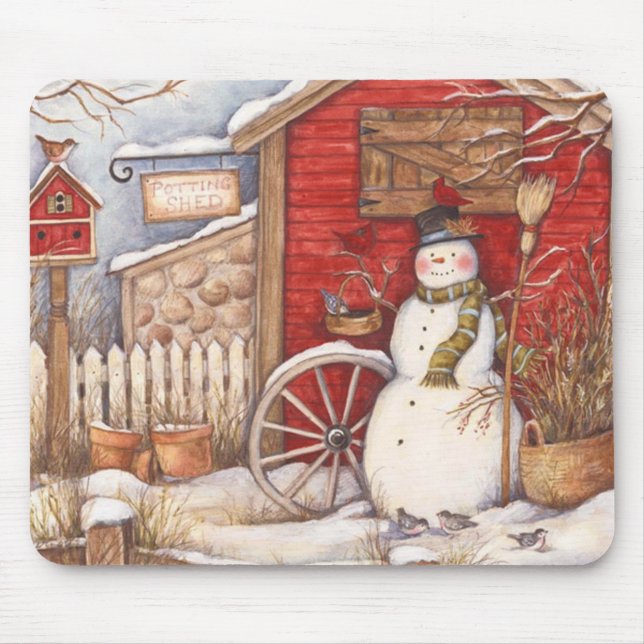 Rustic Snowman Winter Scene Mouse Pad (Front)