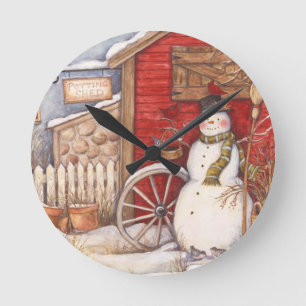 Rustic Snowman Winter Scene Round Clock