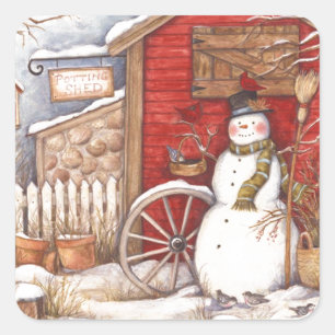 Rustic Snowman Winter Scene Square Sticker