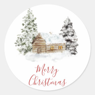 Rustic Snowy Cabin Merry Christmas Stickers