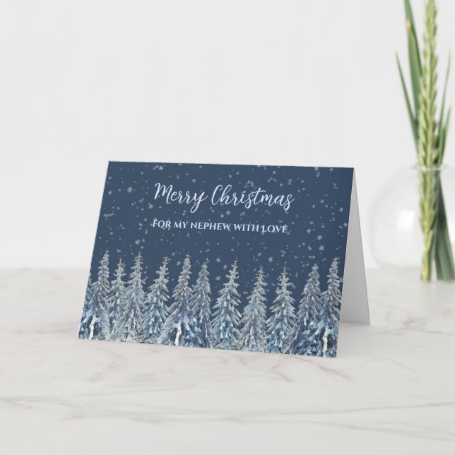 Rustic Snowy Forest Nephew Merry Christmas Card (Front)
