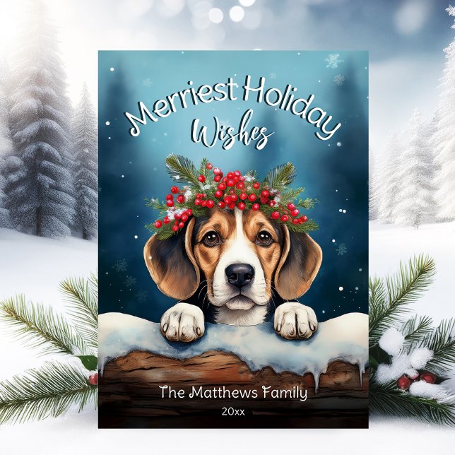 Rustic Snowy Merriest Christmas Wishes Beagle Dog Holiday Card (Adorable Winter Snowy Scene With Peeking Dogs or Farm/Woodland Animals - Over 50 to Choose From!)
