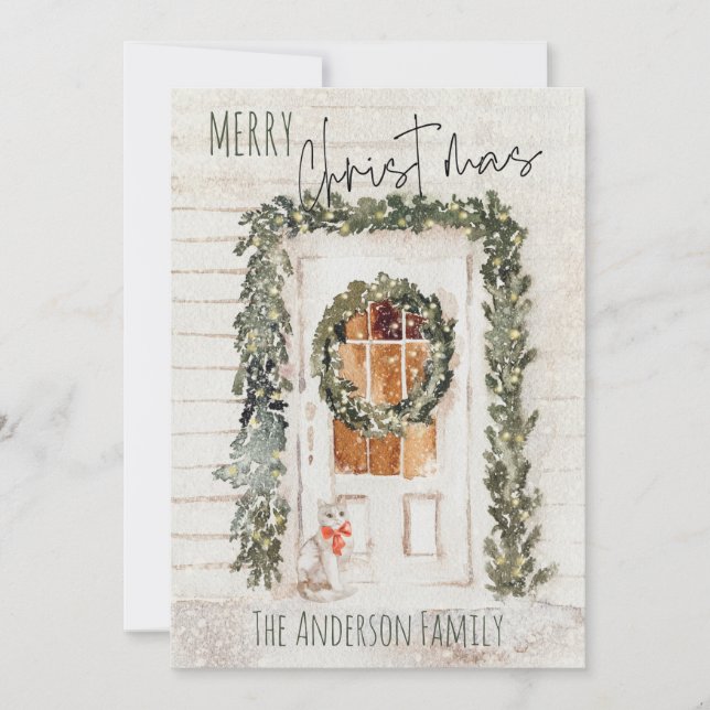 Rustic Snowy Merry Christmas Wreath Front Door Cat Holiday Card (Front)