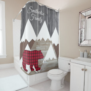 Rustic Snowy Mountain Red Black Buffalo Check Bear Shower Curtain