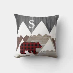 Rustic Snowy Mountains Buffalo Check Bear Monogram Cushion