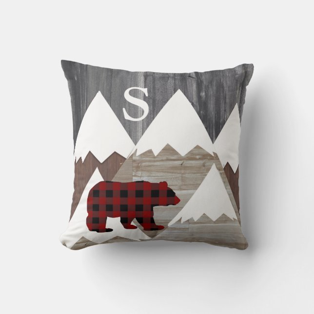 Rustic Snowy Mountains Buffalo Check Bear Monogram Cushion (Front)