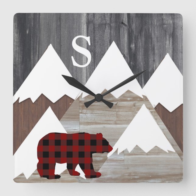 Rustic Snowy Mountains Buffalo Check Bear Monogram Square Wall Clock (Front)