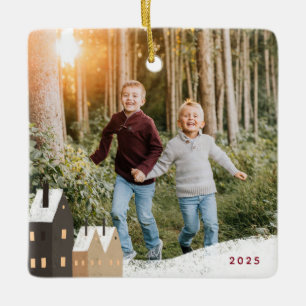 Rustic Snowy Village Scene Photo Ceramic Ornament