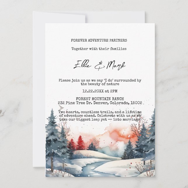 Rustic Snowy Winter Forest Sunset Wedding  Invitation (Front)