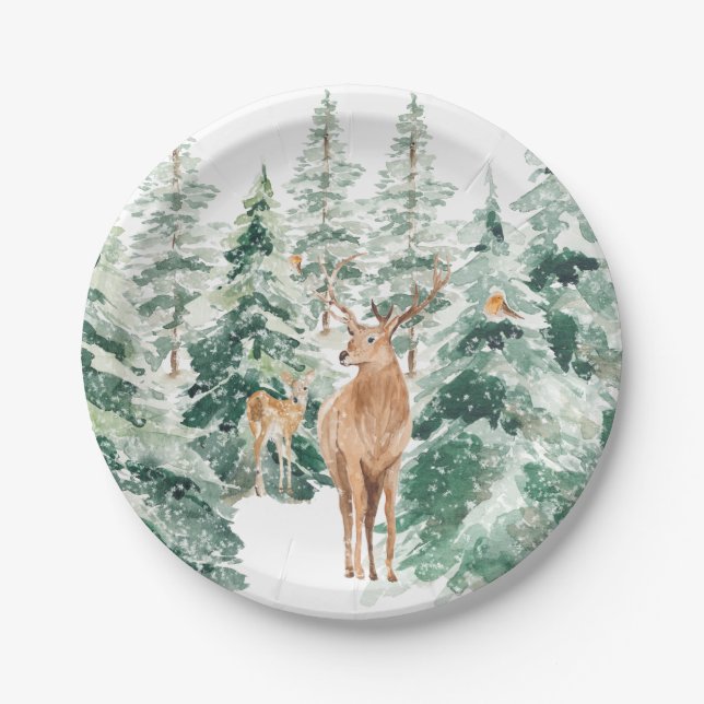 Rustic Snowy Winter Woodland Deer Paper Plate (Front)