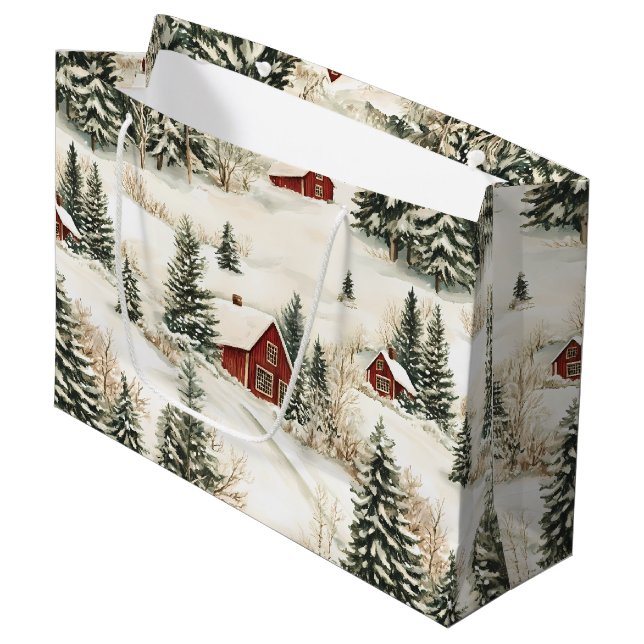 Rustic Snowy Woodland Village Red White Christmas Large Gift Bag (Front Angled)