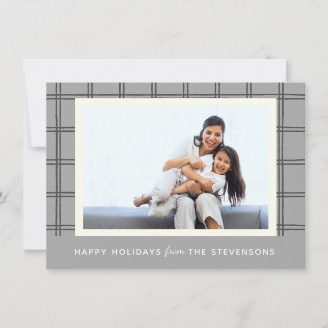 Rustic Soft Grey Plaid Custom Photo Christmas Grey Holiday Card (Front)