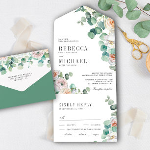 Rustic Soft Roses Eucalyptus Foliage Wedding All In One Invitation