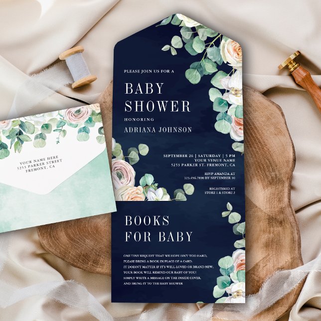 Rustic Soft Roses Eucalyptus Navy Blue Baby Shower All In One Invitation (Creator Uploaded)