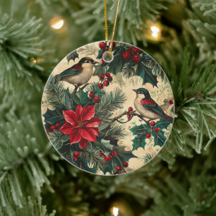 Rustic Songbird Poinsettia Winter Cream Botanical Ceramic Ornament