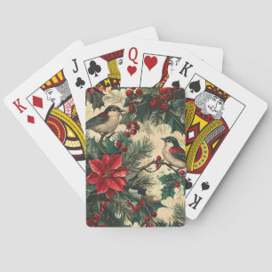 Rustic Songbird Poinsettia Winter Cream Botanical Playing Cards