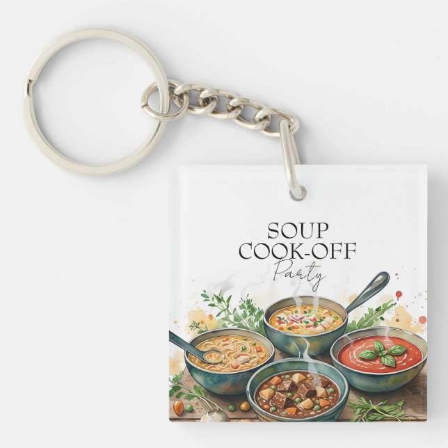 Rustic Soup Cook-Off Potluck Party Watercolor Key Ring (Front)