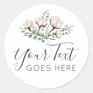 Rustic Southern Cotton Flowers Green Foliage Logo Classic Round Sticker