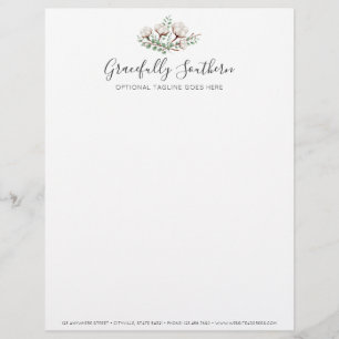 Rustic Southern Cotton Flowers Green Foliage Logo Personalized Letterhead