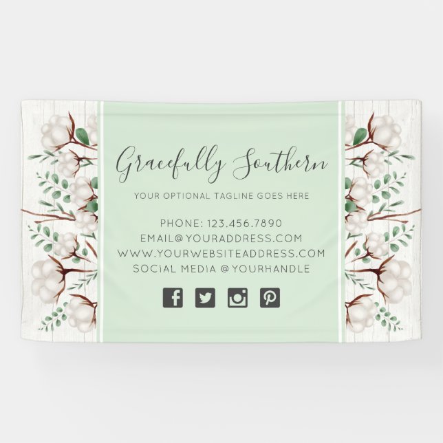 Rustic Southern Cotton Flowers on White Barn Wood Banner (Horizontal)