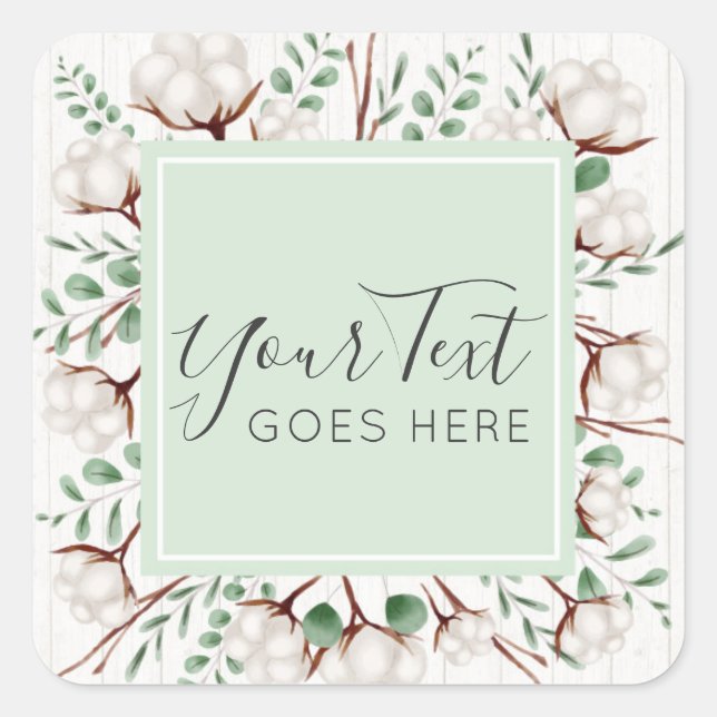 Rustic Southern Cotton Flowers on White Barn Wood Square Sticker (Front)