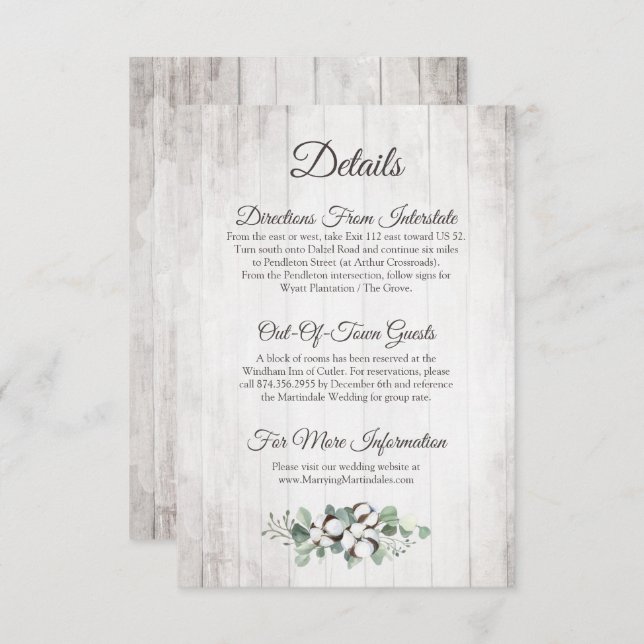 Rustic Southern Cotton Wedding Detail / Directions Enclosure Card (Front/Back)