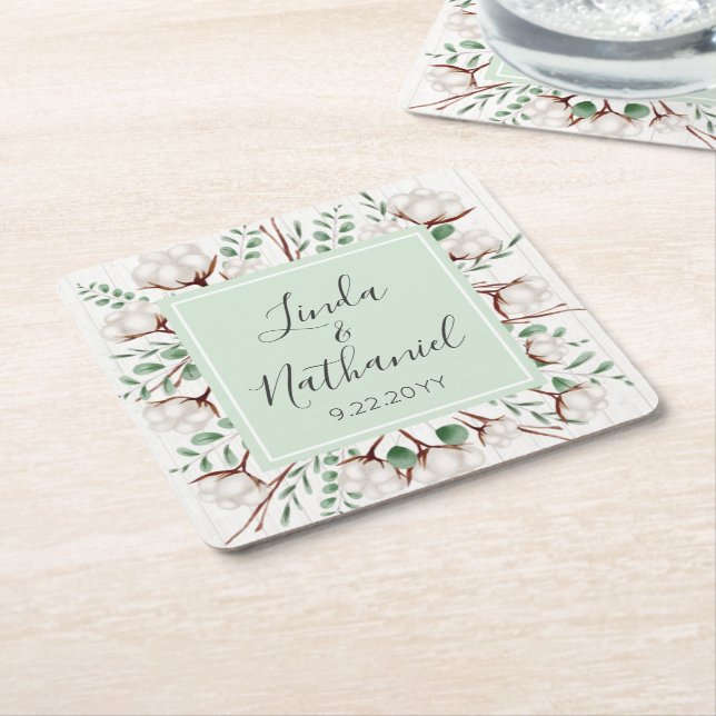 Rustic Southern Cotton & Wood Country Farm Wedding Square Paper Coaster (Angled)