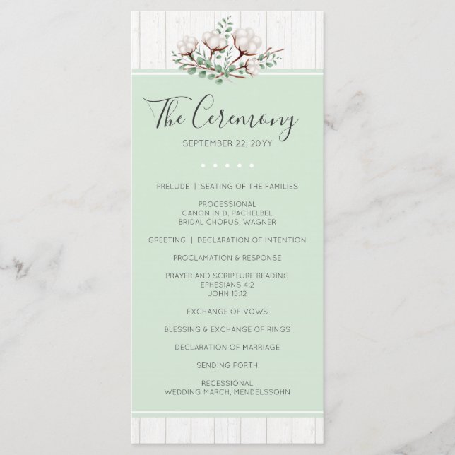 Rustic Southern Cotton & Wood Farm Wedding Program (Front)