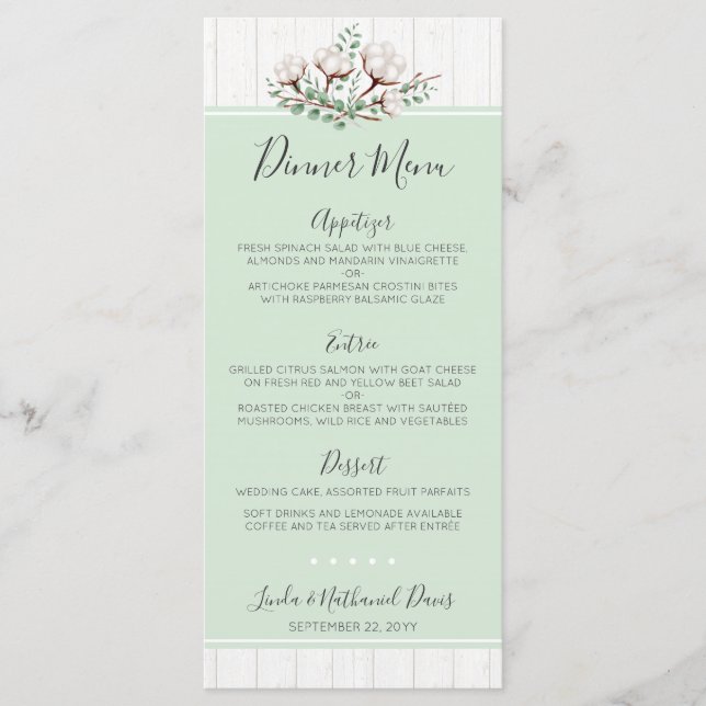 Rustic Southern Cotton & Wood Wedding Dinner Menu (Front)