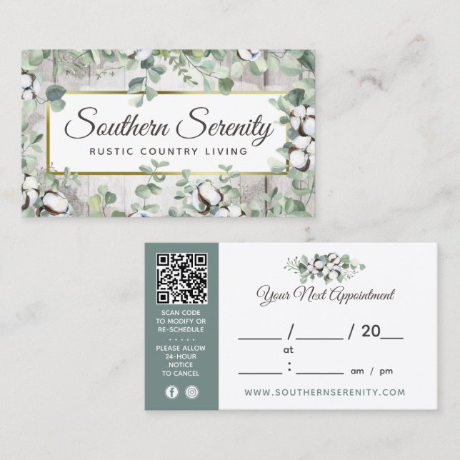 Rustic Southern Watercolor Cotton Appointment Business Card (Front/Back)