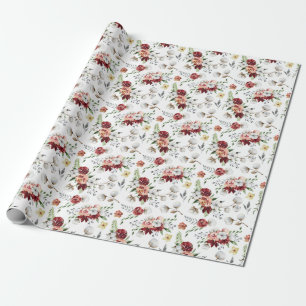 Rustic Southern Watercolor Floral & Cotton Pattern Wrapping Paper