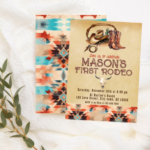 Rustic Southwestern Cowboy My First Rodeo Birthday Invitation