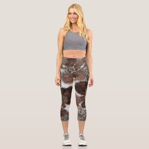 Rustic Southwestern Cowhide Brown Leather Pattern Capri Leggings
