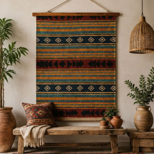 Rustic Southwestern Teal Terracotta Navy Geometric Hanging Tapestry