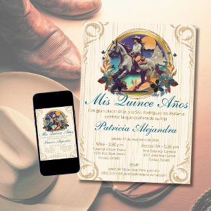 Rustic Spanish Quinceañera Mis Quince Blue Western Invitation