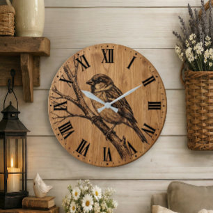 Rustic Sparrow on Branch Wall Clock